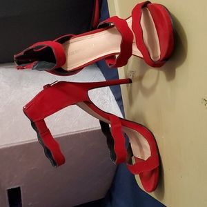 Red suede triple strap wavy heels